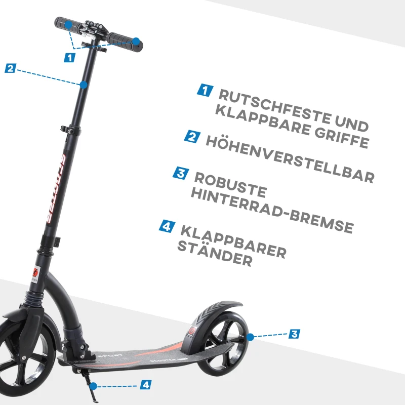 HOMCOM Roller Tretroller Kickscooter Klapproller, klappbar, Stoßdämpfer, ab 14 Jahren, Schwarz