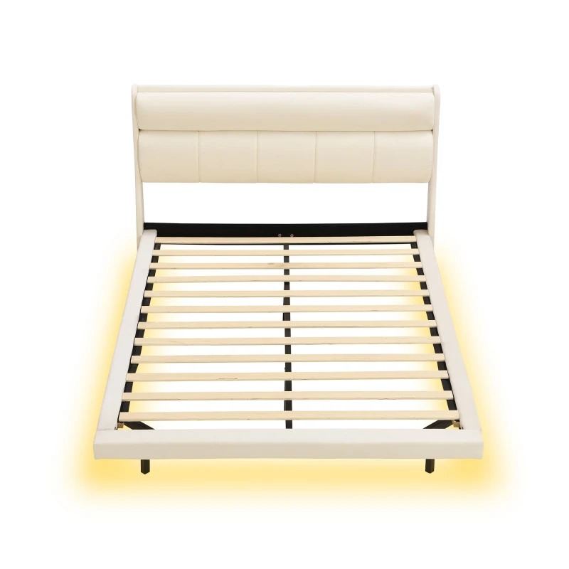 Letto imbottito moderno, con design sospeso e luce sensore, 140×200 cm,senza materasso,Beige