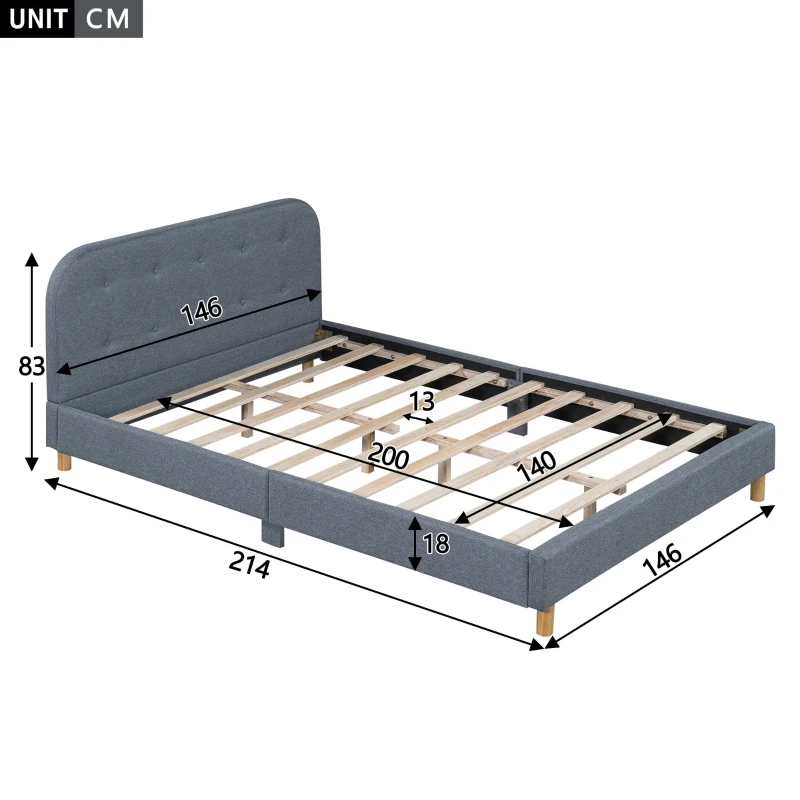 Letto matrimoniale imbottito, tessuto di lino, senza materasso,140×200 cm, Grigio