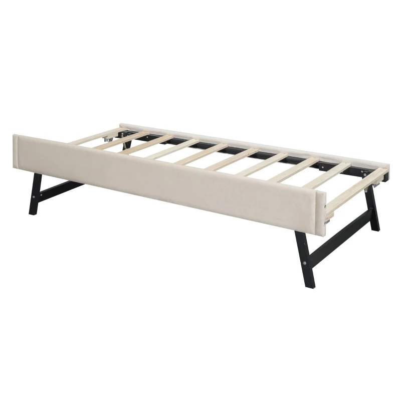 Lit gigogne 90x200 cm ,avec sommier à lattes et tiroir roulant,sans matelas, Beige