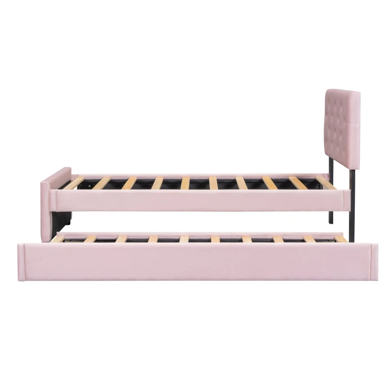 Einzelbett Multifunktionales Rollbett Polsterbett Samtoptik Lattenrost für kleine Räume 90x200cm Rosa