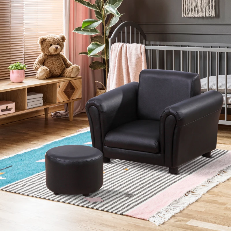 HOMCOM Toddler Chair Single Seater Kids Sofa Set, 54 x 42 x 41cm, Kids Sofa with Stool, Black
