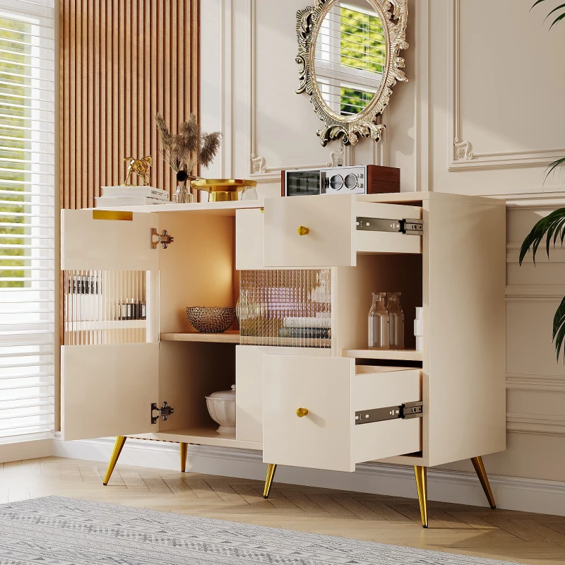 Buffet autoportant de rangement, avec Portes en Verre et Éclairages LED, 130×40×80 cm, Beige