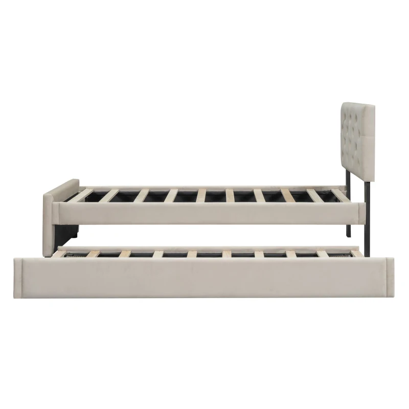 Lit gigogne 90x200 cm ,avec sommier à lattes et tiroir roulant,sans matelas, Beige
