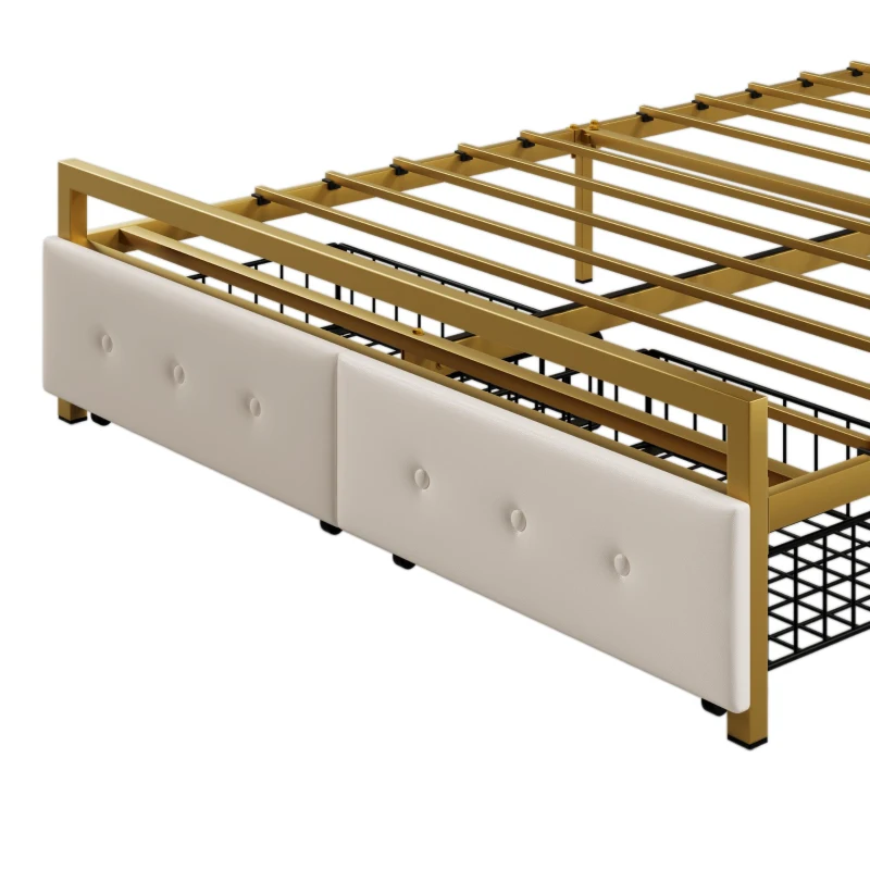 Lit multifonction 140×200 cm, compartiment de rangement intégré dans la tête de lit, prise USB et double tiroirs au pied du lit, sans matelas, Or+Blanc