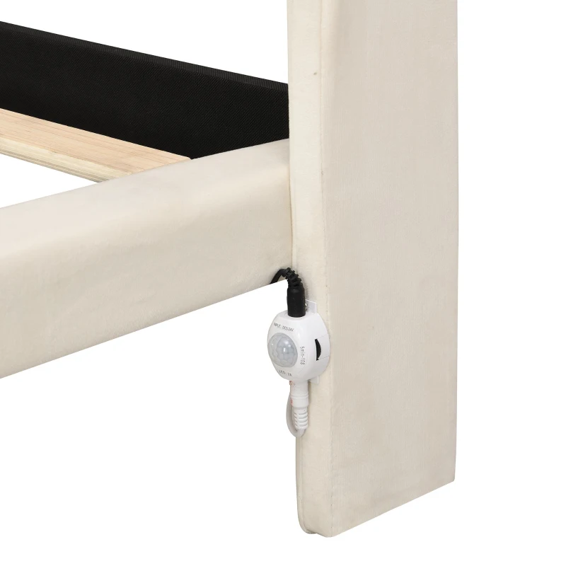 Letto imbottito moderno, con design sospeso e luce sensore, 140×200 cm,senza materasso,Beige