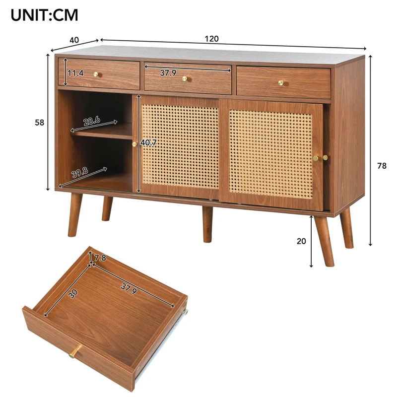 Sideboard 120 cm breit, Rattan Design mit verstellbaren Ablagen, massives Holzbein, für Wohnzimmer, Walnuss