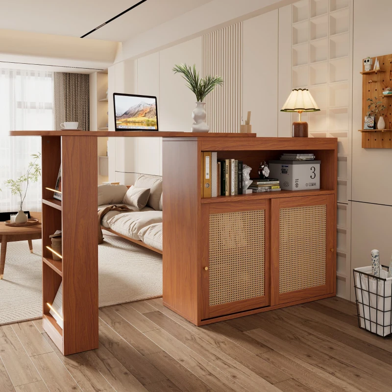 Multifunktionaler Bartisch mit Stauraum ausziehbar mit Rattangeflecht Türfronten und verstellbaren Ablagen für zuhause Braun