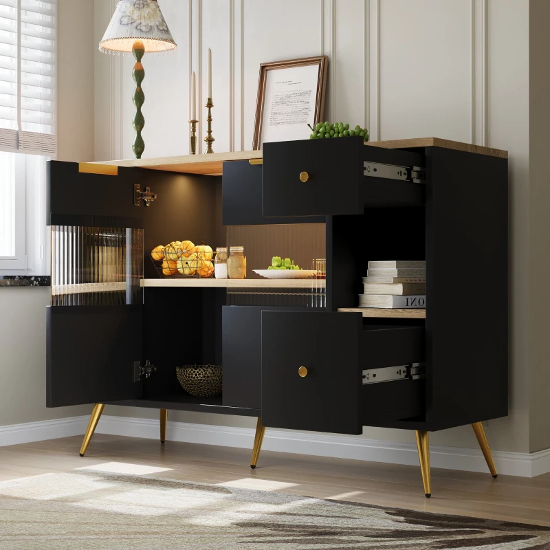 Buffet autoportant de rangement, avec Portes en Verre et Éclairages LED, 130×40×80 cm, Noir