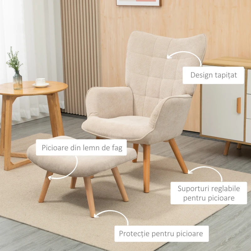 HOMCOM Fotoliu cu Taburet pentru Cameră sau Living din Catifea cu Model Crestat , Spătar Înalt și Brațe, 72x80x101 cm, Bej