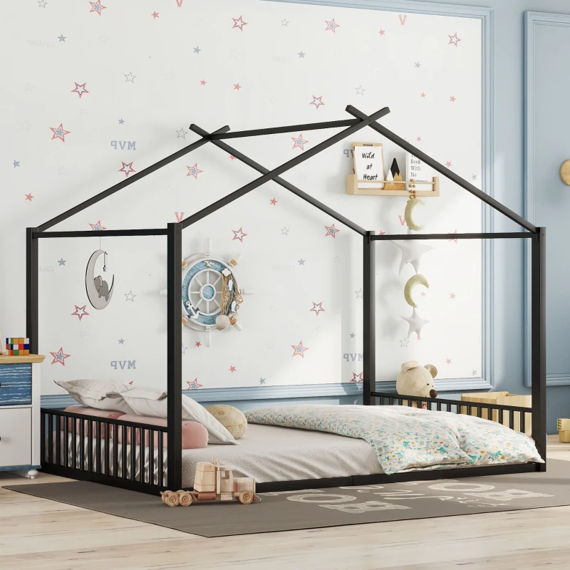 Cama para niño 140×200 cm, cama de hierro en forma de casa, sin colchón, Negro