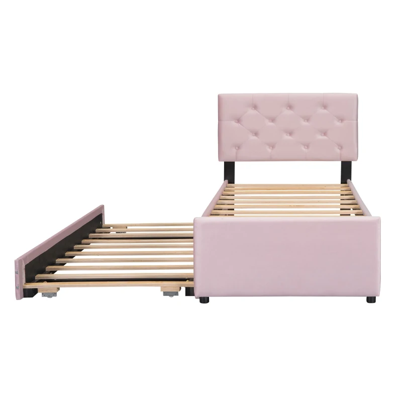 Einzelbett Multifunktionales Rollbett Polsterbett Samtoptik Lattenrost für kleine Räume 90x200cm Rosa