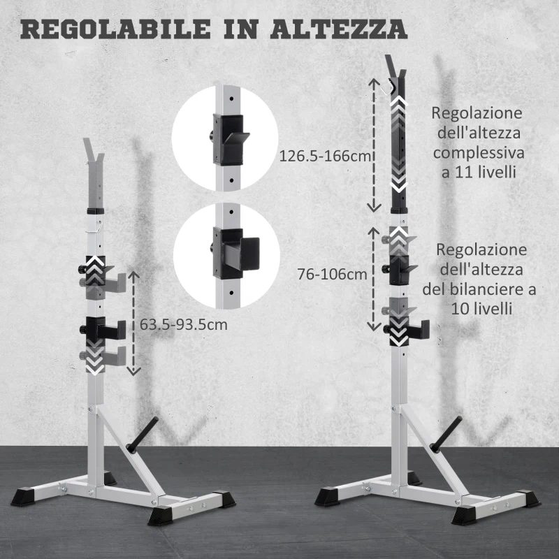 HOMCOM Set 2 Supporti Bilanciere in Acciaio con 3 Ganci, Altezza Regolabile e Portata 200kg, Argento e Nero