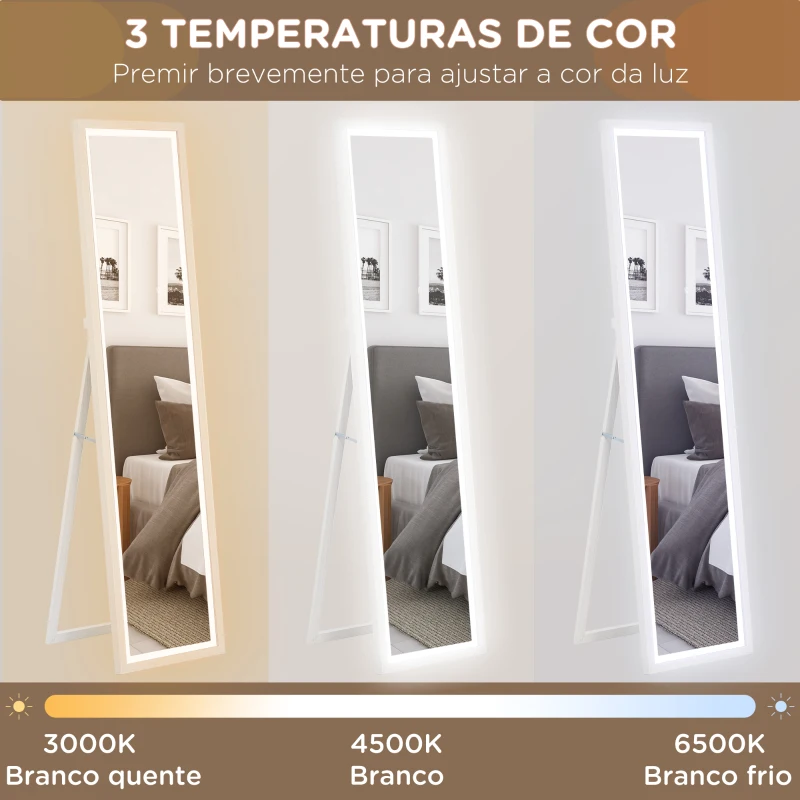 HOMCOM Espelho de Pé com Luz LED 40x160 cm Espelho de Corpo Inteiro com Iluminação de 3 Cores Tátil Função de Memória Branco