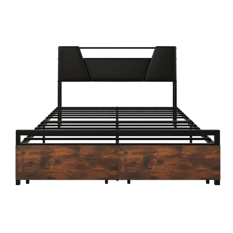 Lit multifonction 140×200 cm, avec éclairage d'ambiance changeant de couleur, prise USB et tiroirs de rangement, sans matelas, Brun