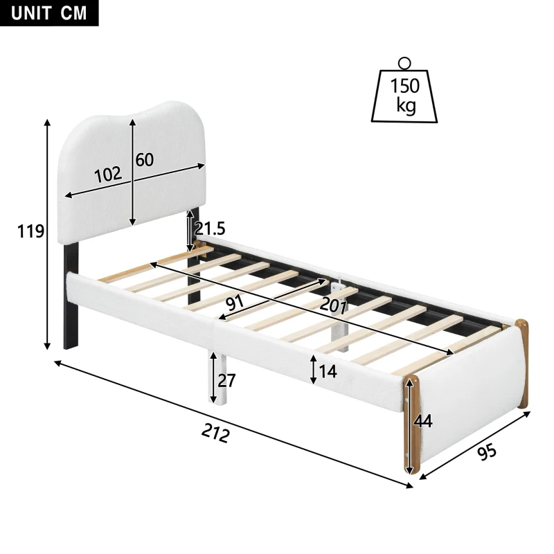 Lit rembourré 90x200 cm, avec tête de lit blanche, sans matelas, Blanc