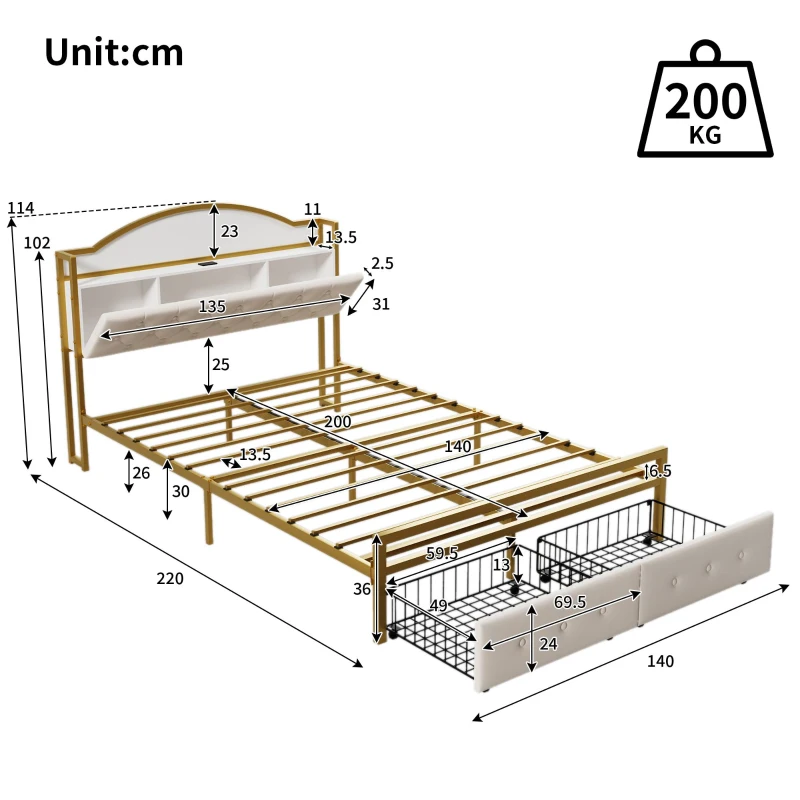 Lit multifonction 140×200 cm, compartiment de rangement intégré dans la tête de lit, prise USB et double tiroirs au pied du lit, sans matelas, Or+Blanc
