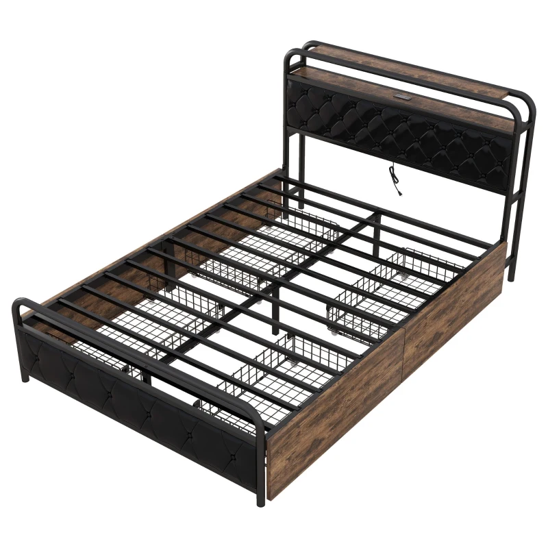 Lit multifonction 140×200 cm, avec éclairage d'ambiance, prises USB et 4 tiroirs,sans matelas, Noir