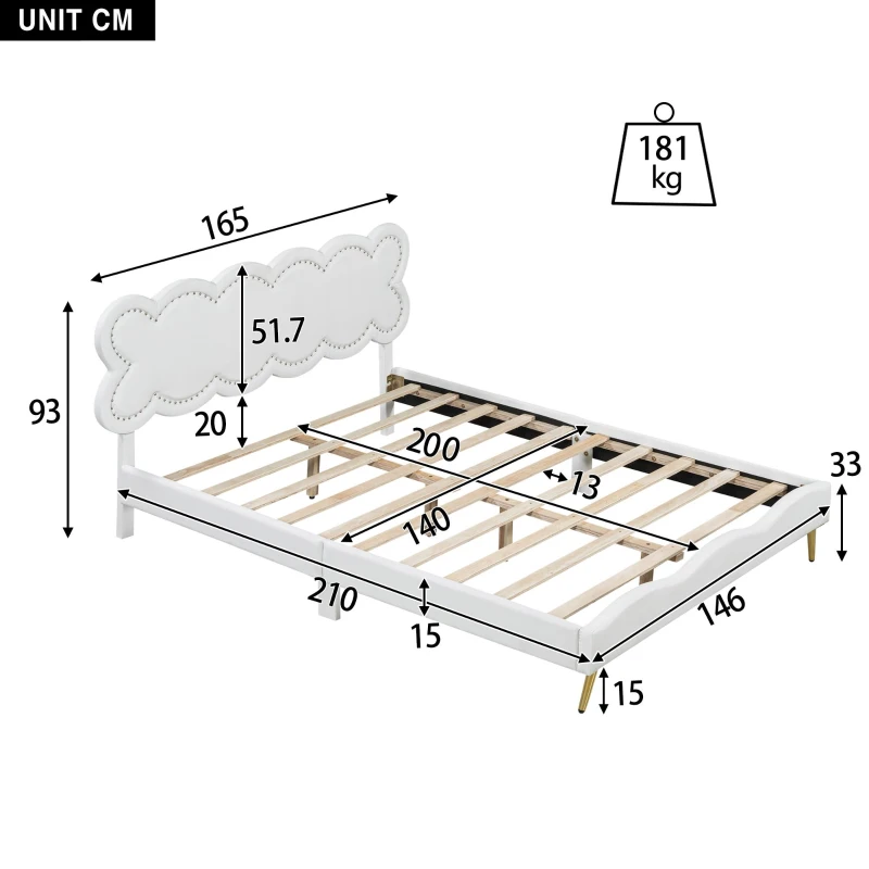 Letto imbottito matrimoniale, testiera cloud, senza materasso, 140×200 cm, Bianco