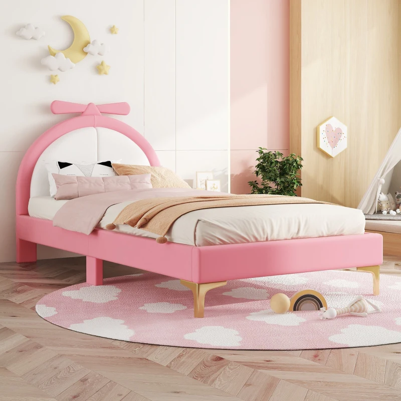 Cama acolchada 90×200 cm, con cabecera cómoda, sin colchón, Rosa