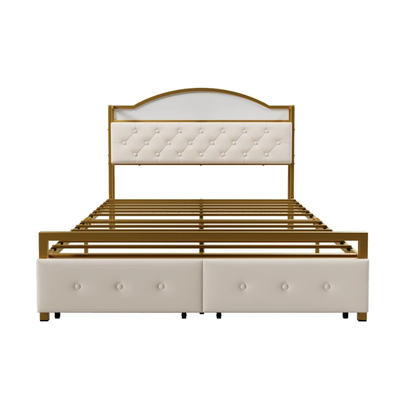 Lit multifonction 140×200 cm, compartiment de rangement intégré dans la tête de lit, prise USB et double tiroirs au pied du lit, sans matelas, Or+Blanc