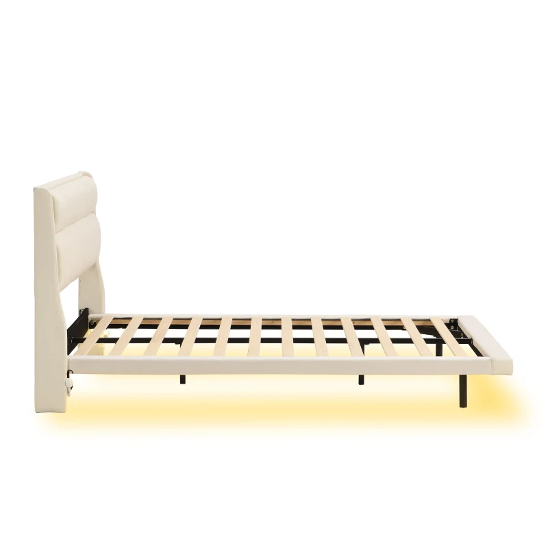 Letto imbottito moderno, con design sospeso e luce sensore, 140×200 cm,senza materasso,Beige