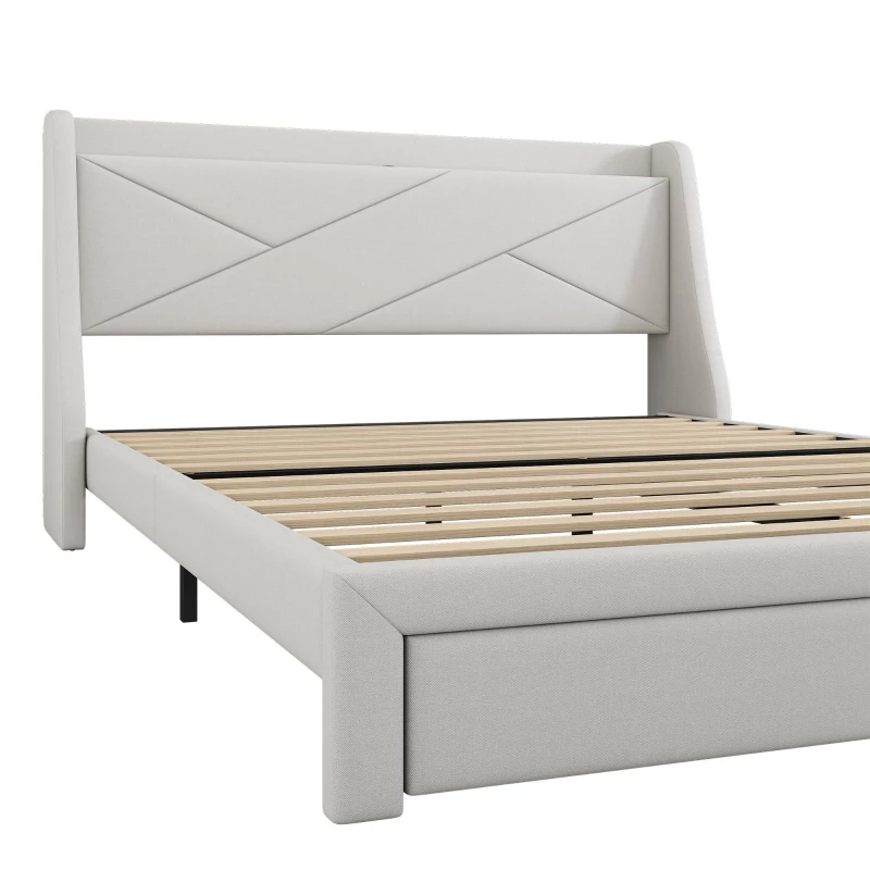 Lit rembourré 140x200 cm, avec rangement intégré dans la tête de lit, prise USB, et tiroirs au pied, sans matelas, Beige