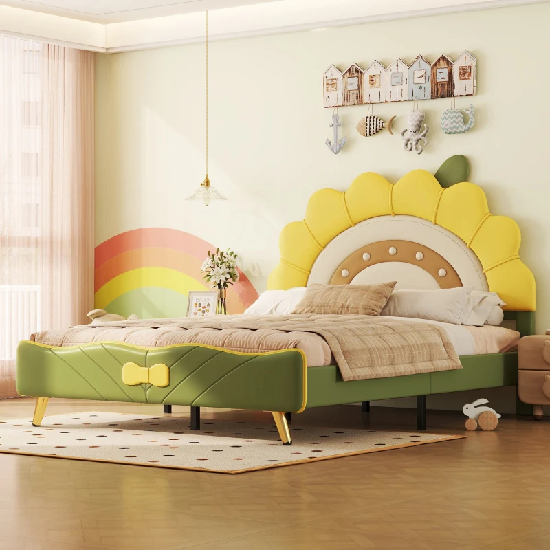 Lit pour enfant 140×200 cm, forme de tournesol, décoration avec nœuds,sans matelas, Jaune