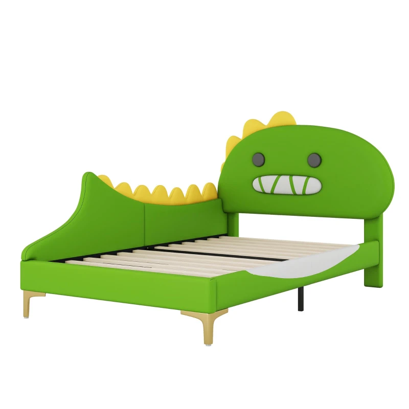 Letto Imbottito per Bambini 4+ Anni a Forma di Dinosauro con Doghe in Legno, Rivestimento in Pelle PU, Senza Materasso, 90×200 cm, Verde