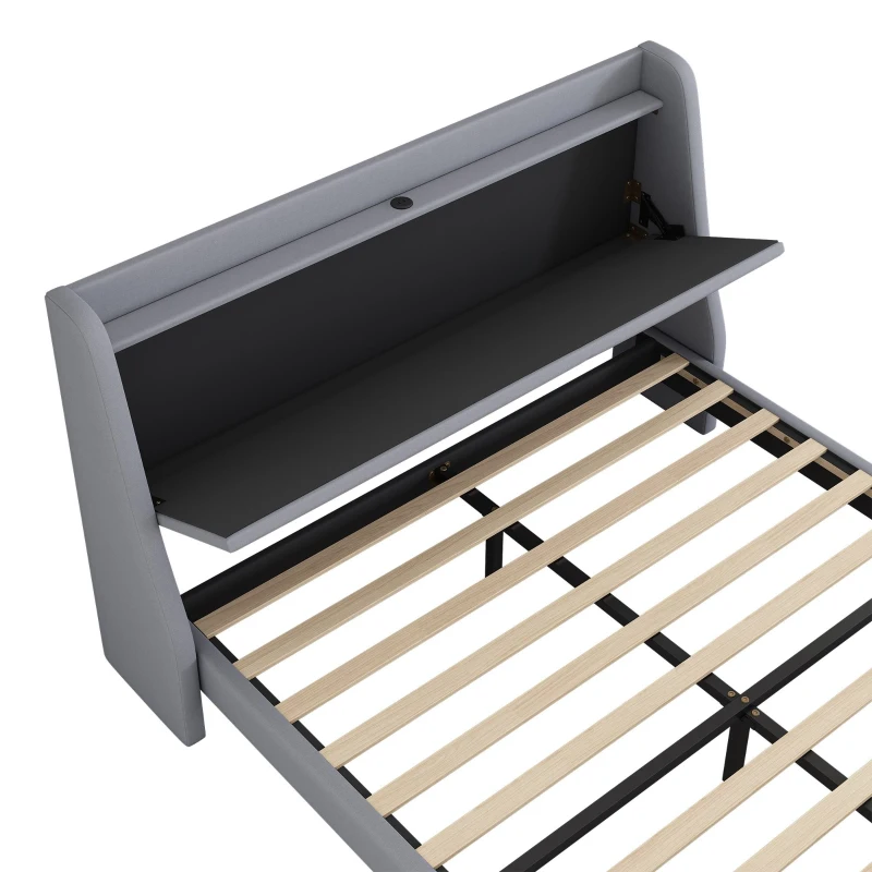 Letto imbottito con vano contenitore nella testiera, presa USB e cassetti alla base, senza materasso,140×200 cm, Grigio