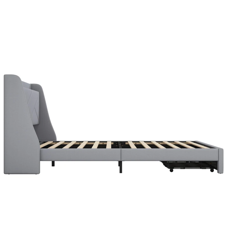 Letto imbottito con vano contenitore nella testiera, presa USB e cassetti alla base, senza materasso,140×200 cm, Grigio