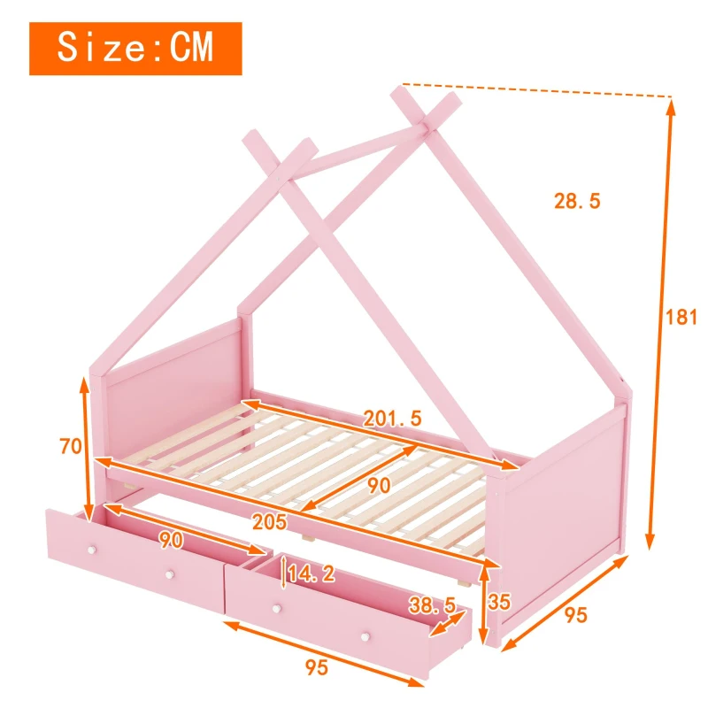 Letto per bambini a forma di casa, due cassetti sotto, senza materasso, 90×200 cm, Rosa