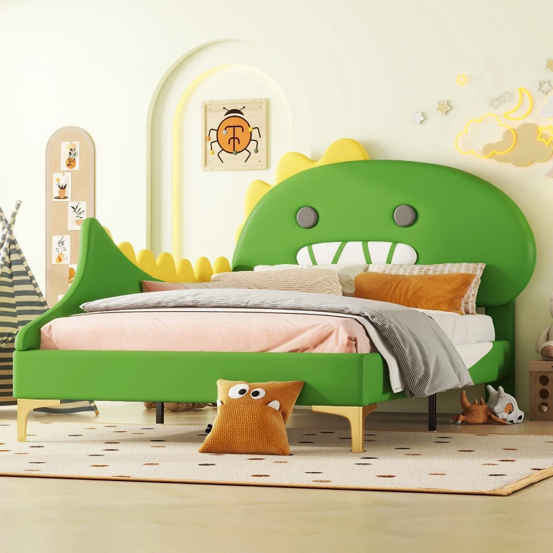Lit pour enfant 90×200 cm, Forme de dinosaure cartoon, sans matelas, Vert