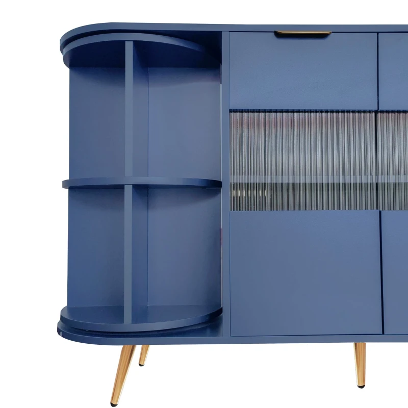 Sideboard Aufbewahrungsschränke mit Glastür und LED-Leuchten, Holzanrichte Freistehende Schränke, 130×40×80 cm, Blau