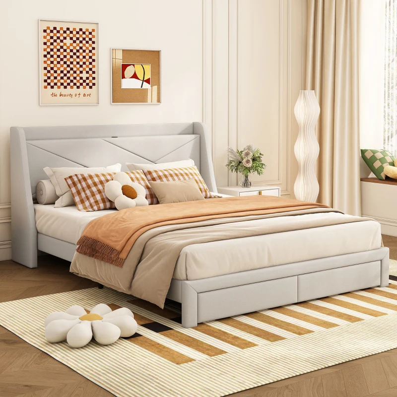 Lit rembourré 140x200 cm, avec rangement intégré dans la tête de lit, prise USB, et tiroirs au pied, sans matelas, Beige