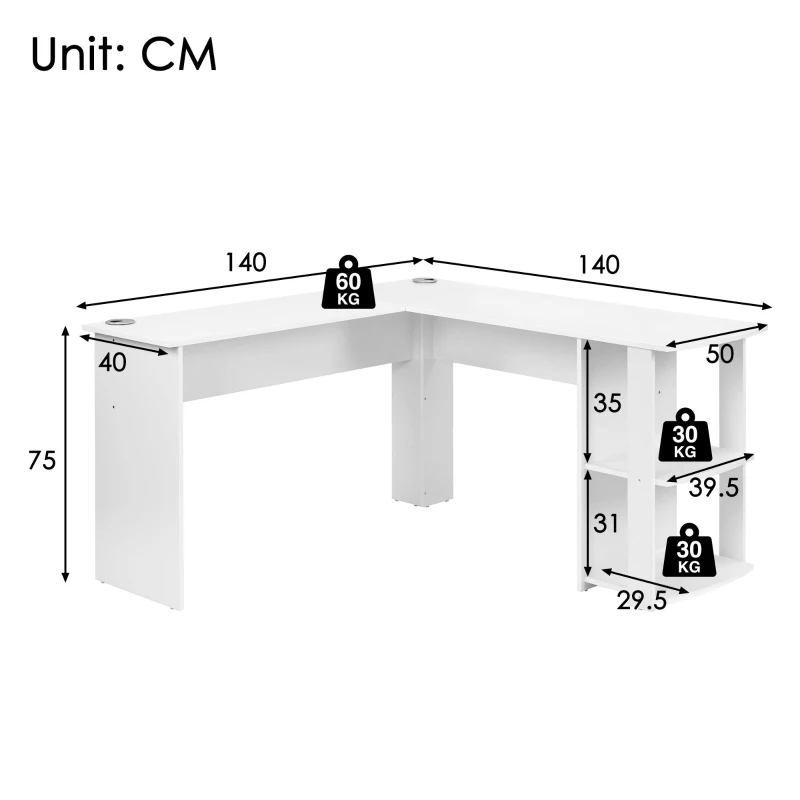 Eckschreibtisch 140 CM Computertisch, L-förmig mit 2 Ablagen, wasserabweisend und kratzfest, 140×140×75 CM, Weiß
