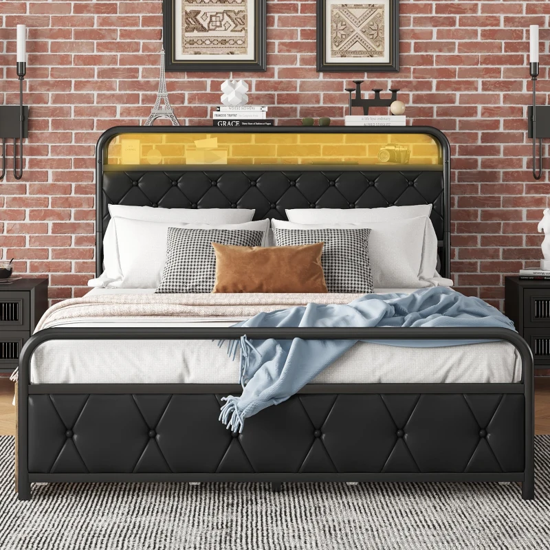 Lit multifonction 140×200 cm, avec éclairage d'ambiance, prises USB et 4 tiroirs,sans matelas, Noir