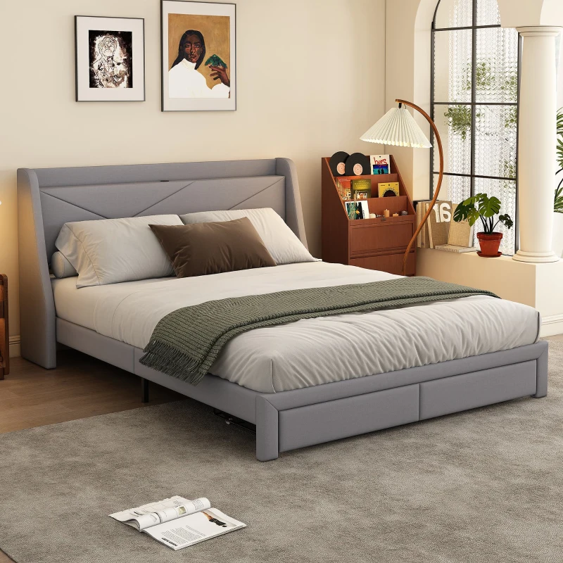 Letto imbottito con vano contenitore nella testiera, presa USB e cassetti alla base, senza materasso,140×200 cm, Grigio