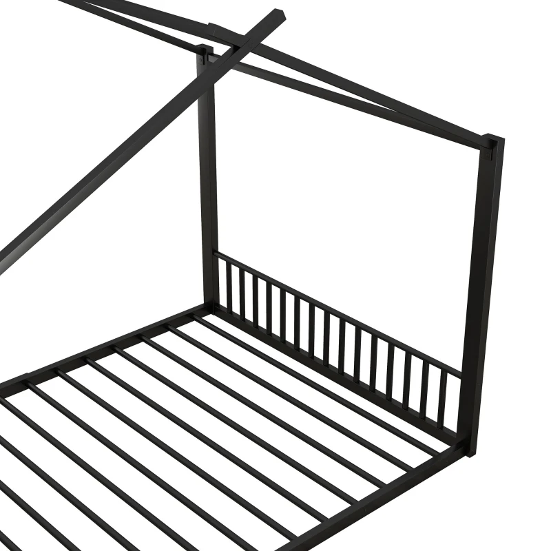 Cama para niño 140×200 cm, cama de hierro en forma de casa, sin colchón, Negro