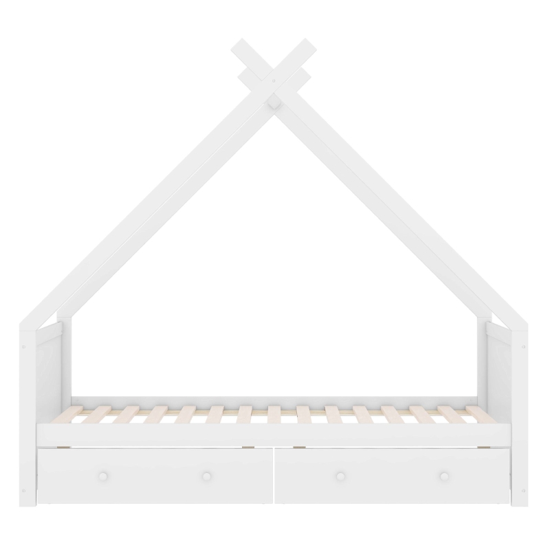 Letto a Casetta per Bambini con 2 Cassetti Estraibili, Letto per Cameretta in Legno e MDF, Senza Materasso, 90×200 cm, Bianco