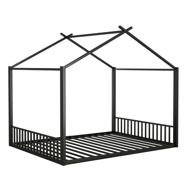 Cama para niño 140×200 cm, cama de hierro en forma de casa, sin colchón, Negro