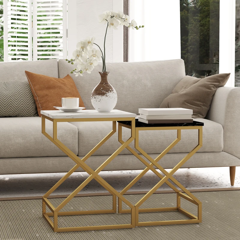 HOMCOM Set of Two Marble-Effect Nesting Tables