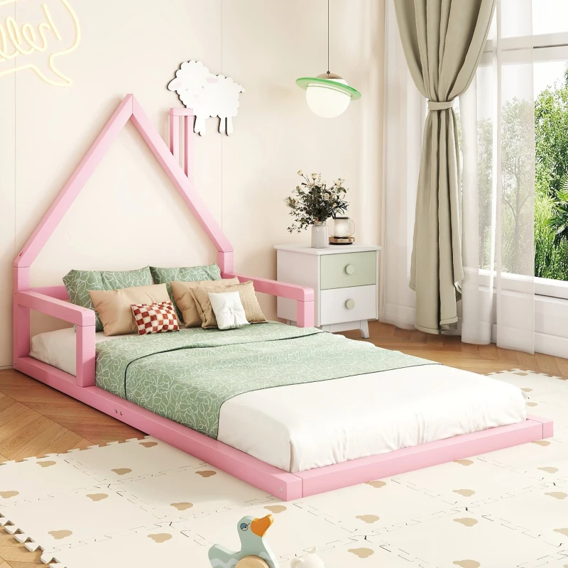 Letto per Bambini 4+ Anni a Forma di Casa, Senza Materasso, 90x200 cm, Rosa