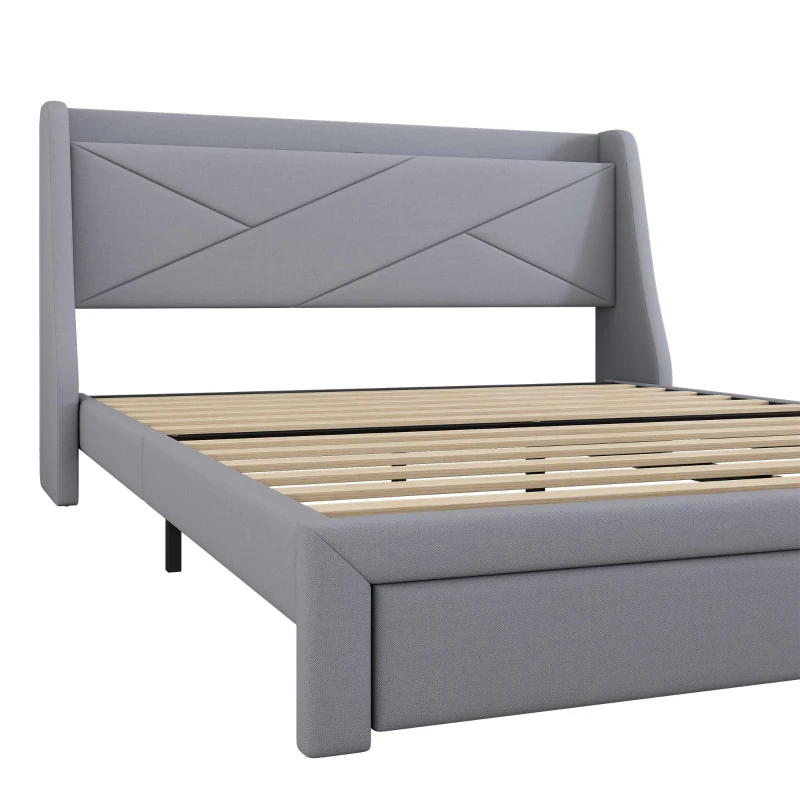 Letto imbottito con vano contenitore nella testiera, presa USB e cassetti alla base, senza materasso,140×200 cm, Grigio