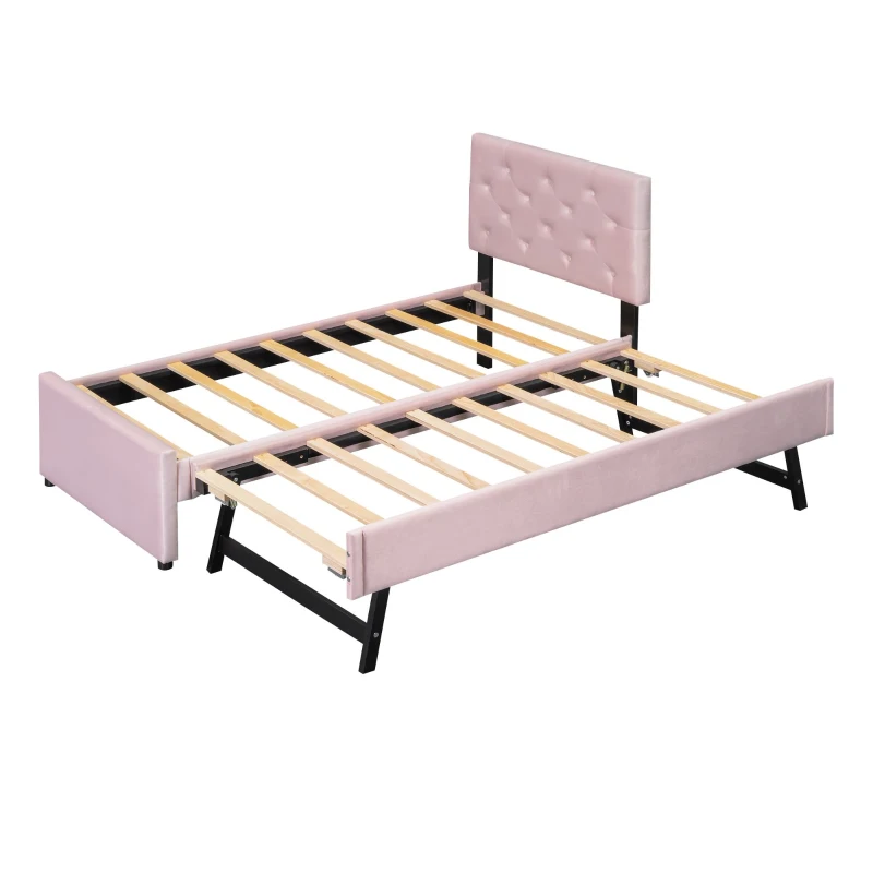 Lit gigogne 90x200 cm, avec sommier à lattes et tiroir roulant,sans matelas, Rose