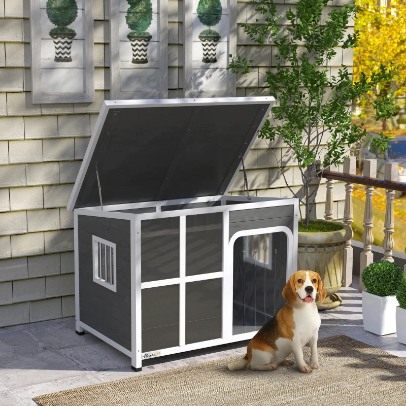 PawHut Wooden Dog House Outdoor with  Asphalt Openable Top, Removable Floor, Clear Front Panel, Curtain, 103 x 77 x 83cm