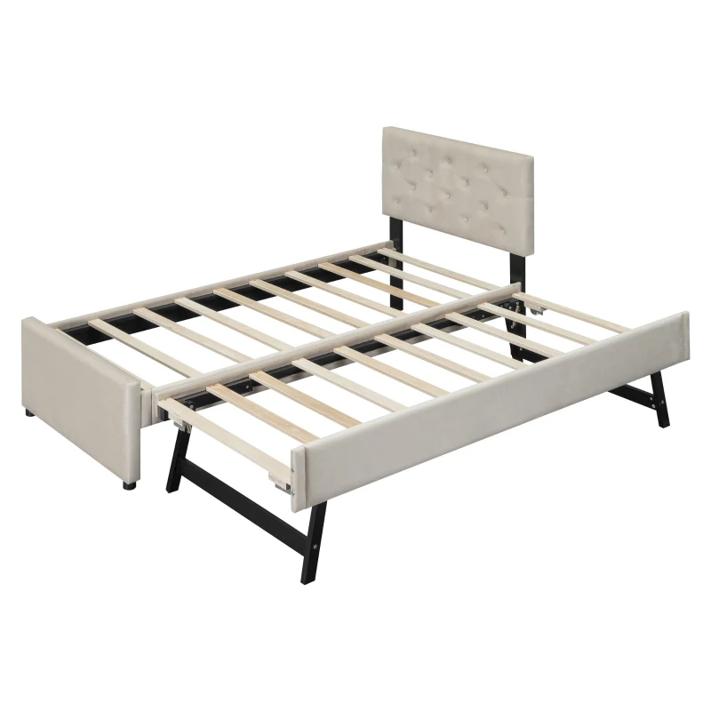 Einzelbett Multifunktionales Rollbett Polsterbett Samtoptik Lattenrost für kleine Räume 90x200cm Beige