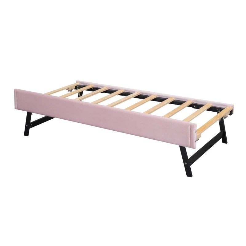 Einzelbett Multifunktionales Rollbett Polsterbett Samtoptik Lattenrost für kleine Räume 90x200cm Rosa