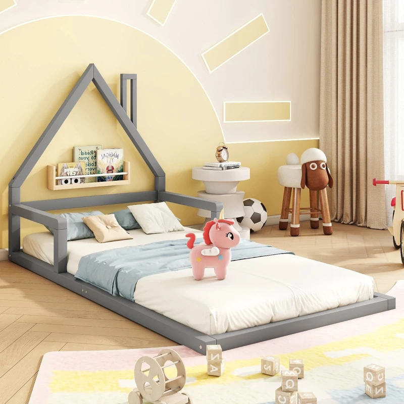 Letto Montessori a Forma di Casetta con Doghe in Legno, Letto per Cameretta per Bambini 4+ Anni, Senza Materasso, 90x200 cm, Grigio