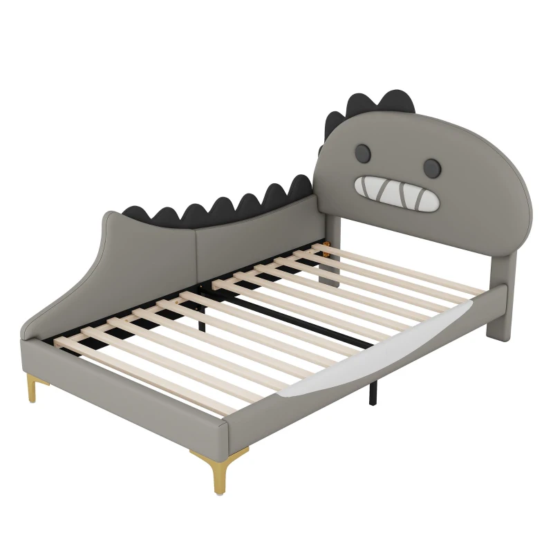 Letto Imbottito per Bambini 4+ Anni a Forma di Dinosauro con Doghe in Legno, Rivestimento in Pelle PU, Senza Materasso, 90×200 cm, Grigio